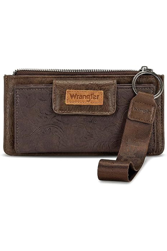 Wrangler Women’s Western Wallet - RFID Blocking Bifold Wristlet with Zipper Pocket and Elegant Tooling Design, Coffee