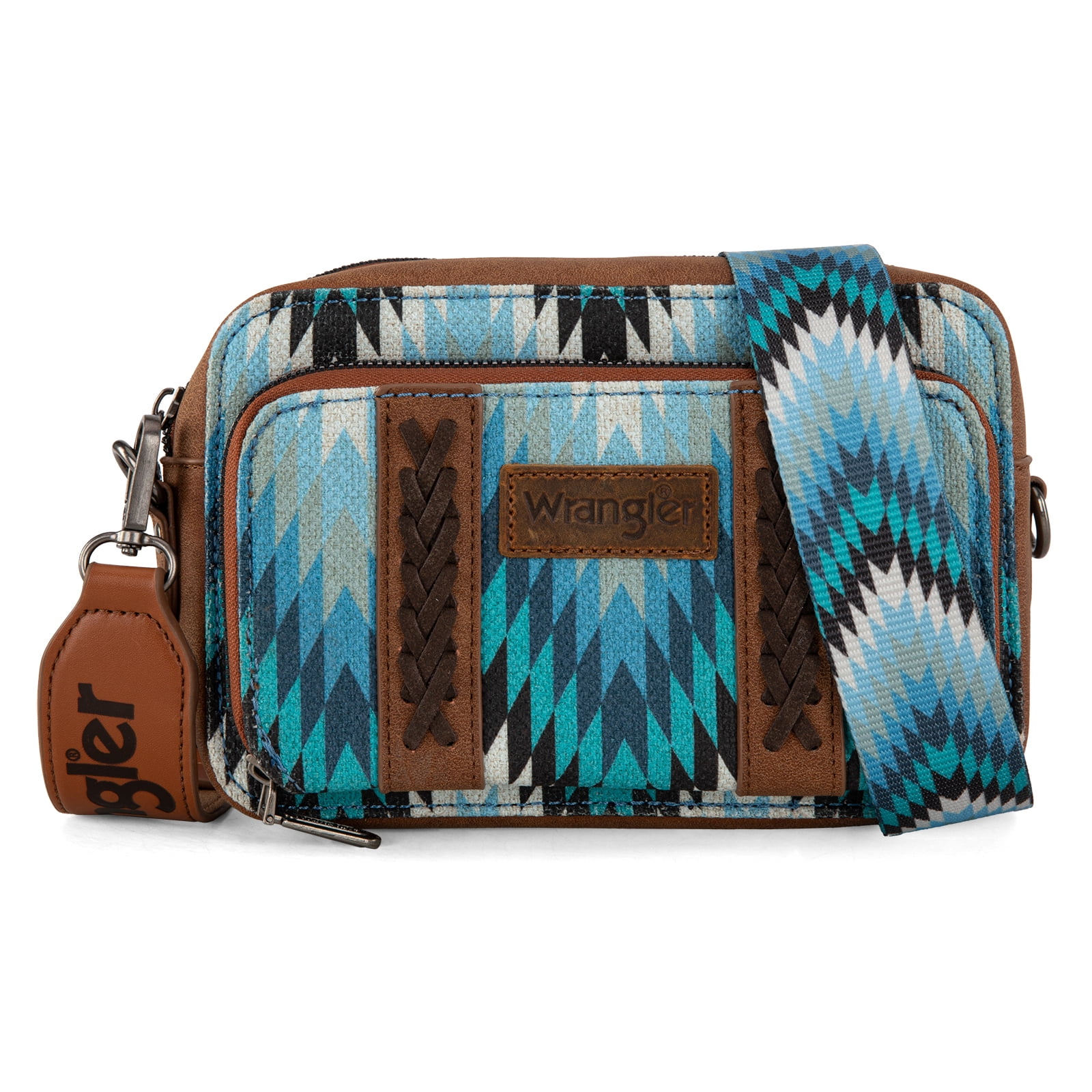 Wrangler Aztec Crossbody Bag for Women Multi Pocket Shoulder Bag Boho Cross Body Wallet Purse, Aztec-Jean