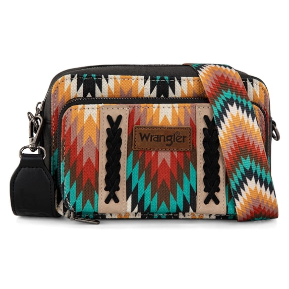 Wrangler Aztec Crossbody Bag for Women Multi Pocket Shoulder Bag Boho Cross Body Wallet Purse, Aztec-Black