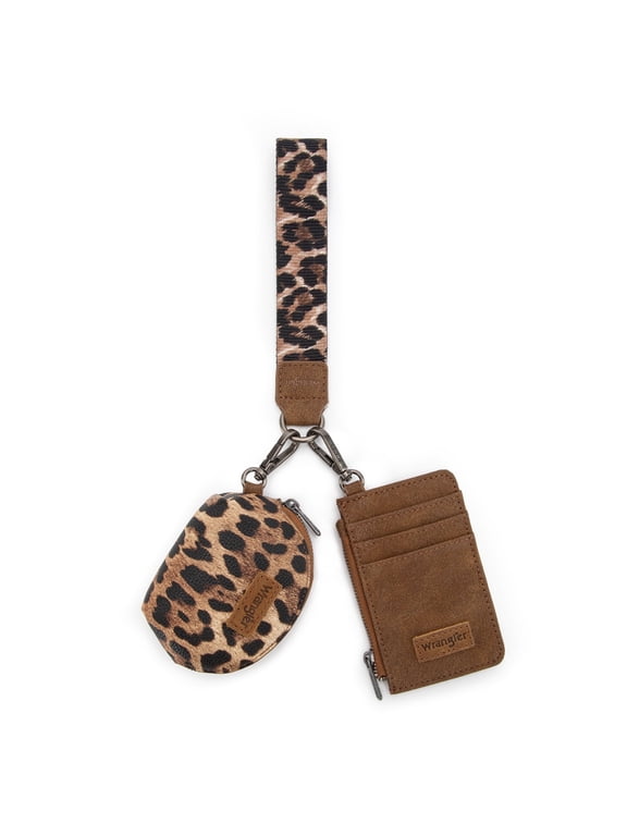 Wrangler Women's Western Dual Pouch Wristlet Wallet - Embroidered Boot Scroll Design with Zippered Card Holder, Leopard-Brown