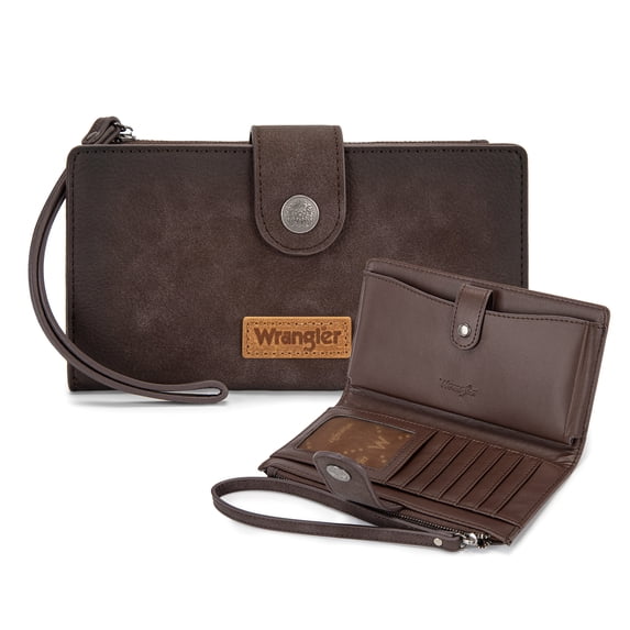 Wrangler Wallets Women Small Wristlet Wallets, Card Cases & Money Organizers Wallet Bifold with Phone Pocket and Rfid Lining, Coffee