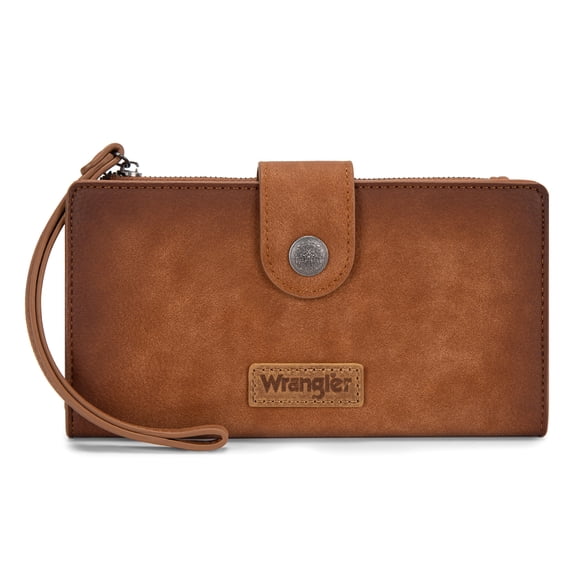 Wrangler Wallets Women Small Wristlet Wallets, Card Cases & Money Organizers Wallet Bifold with Phone Pocket and Rfid Lining, Brown