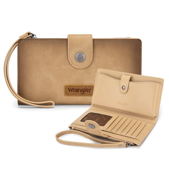 Wrangler Wallets Women Small Wristlet Wallets, Card Cases & Money Organizers Wallet Bifold with Phone Pocket and Rfid Lining, Tan
