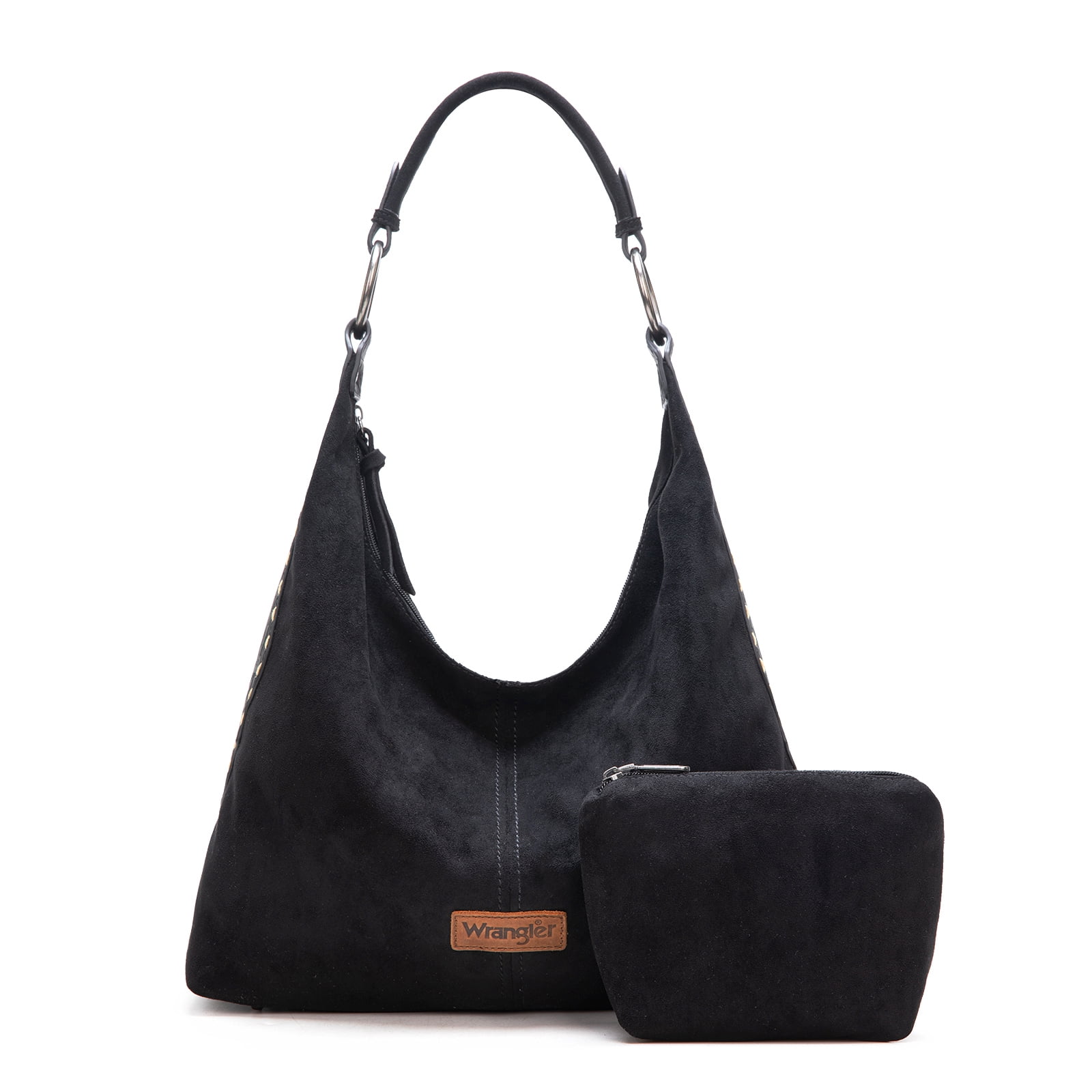 Wrangler Suede Hobo Purse for Women Embossed Soft Slouchy Shoulder Bag 2Pcs Set, Black
