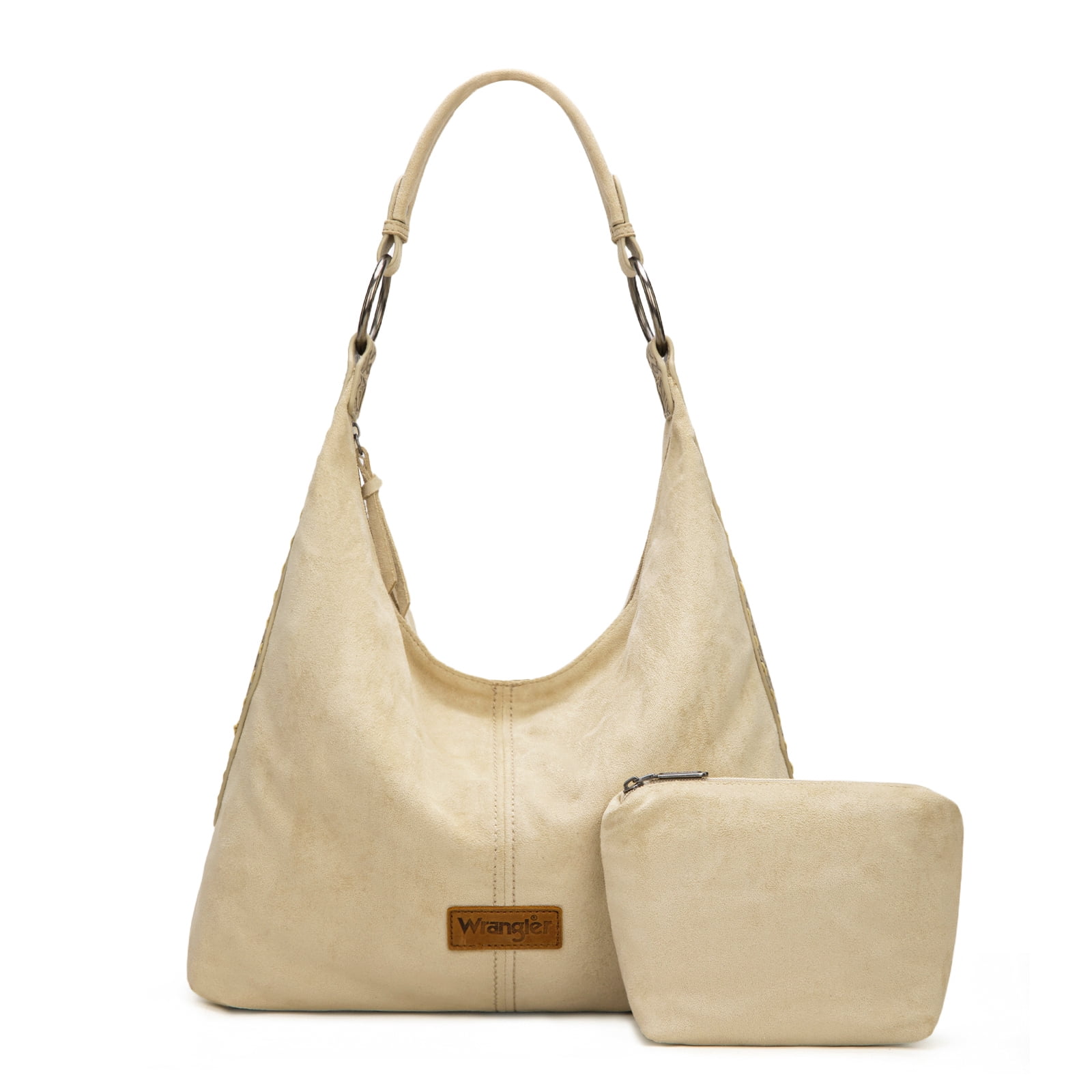 Wrangler Suede Hobo Purse for Women Embossed Soft Slouchy Shoulder Bag 2Pcs Set, Beige