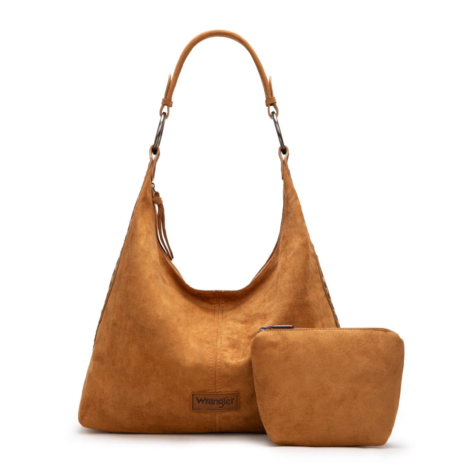 Wrangler Suede Hobo Purse for Women Embossed Soft Slouchy Shoulder Bag 2Pcs Set, Brown