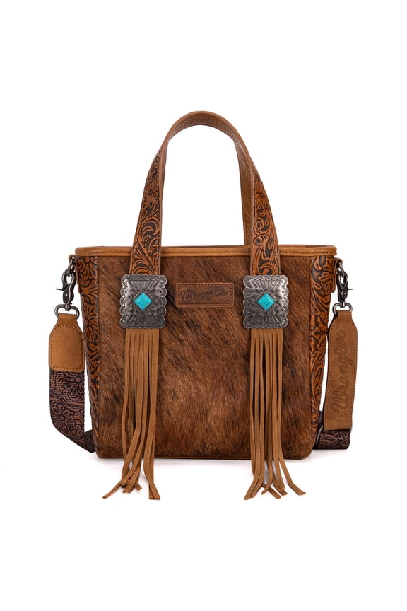 Wrangler Cowhide Tote Bag for Women Western Tooling Handbag Leather Fringing with Turquoise Stone Concho, Cowhide Brown