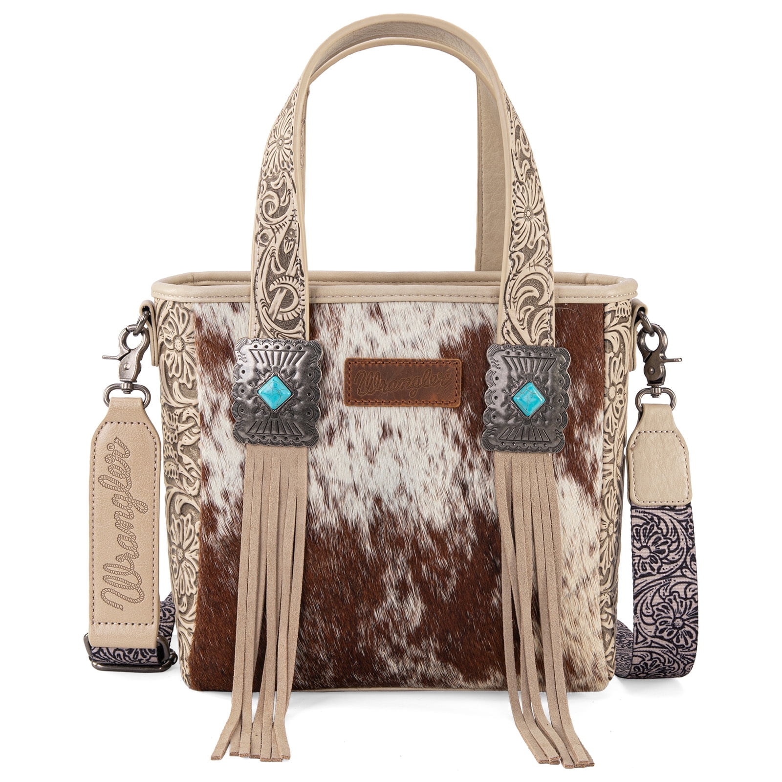 Wrangler Cowhide Tote Bag for Women Western Tooling Handbag Leather Fringing with Turquoise Stone Concho, Cowhide Beige