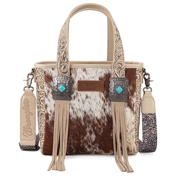 Wrangler Cowhide Tote Bag for Women Western Tooling Handbag Leather Fringing with Turquoise Stone Concho, Cowhide Beige