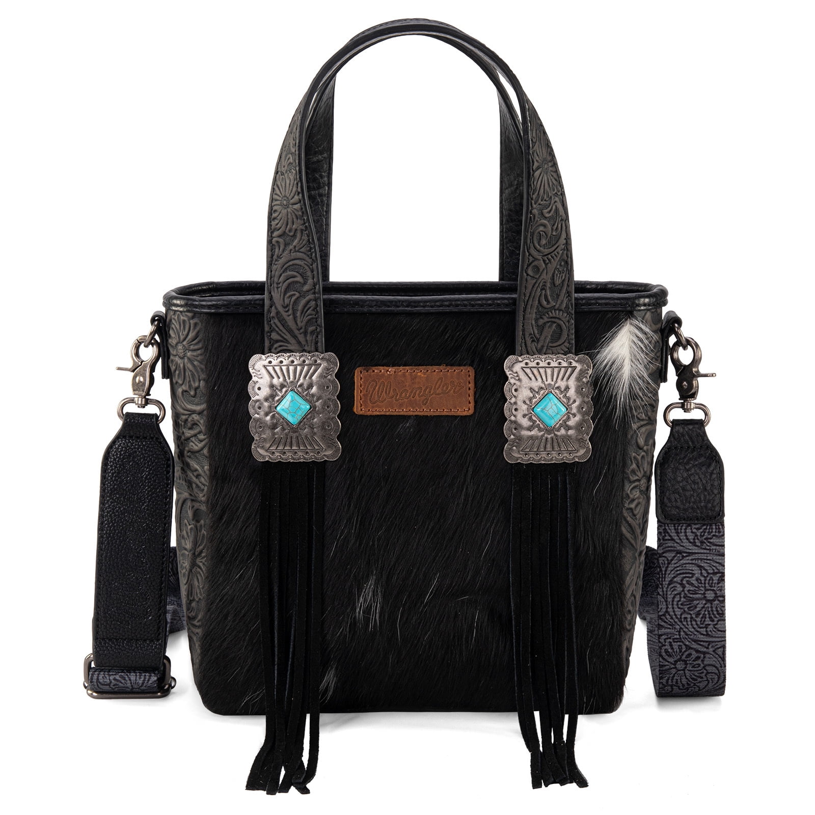 Wrangler Cowhide Tote Bag for Women Western Tooling Handbag Leather Fringing with Turquoise Stone Concho, Cowhide Black