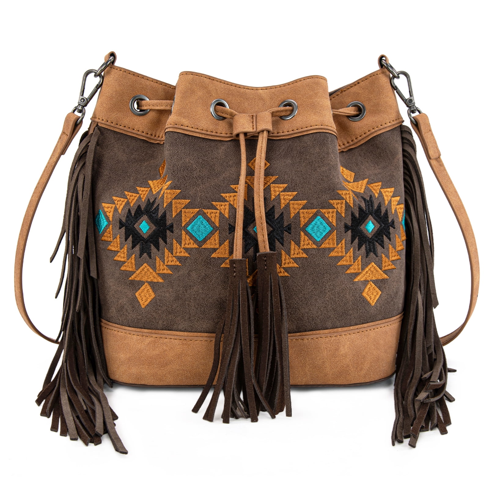 Montana West Aztec Bucket Bags for Women Western Fringe Crossbody Bag Vintage Drawstring, Brown