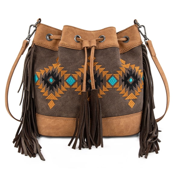 Montana West Aztec Bucket Bags for Women Western Fringe Crossbody Bag Vintage Drawstring, Brown