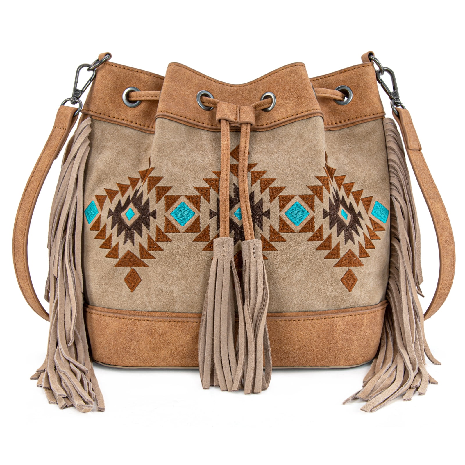 Montana West Aztec Bucket Bags for Women Western Fringe Crossbody Bag Vintage Drawstring, Tan