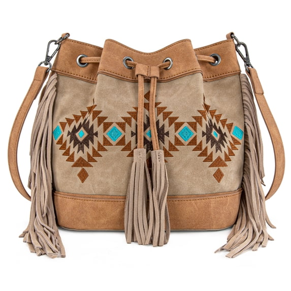 Montana West Aztec Bucket Bags for Women Western Fringe Crossbody Bag Vintage Drawstring, Tan