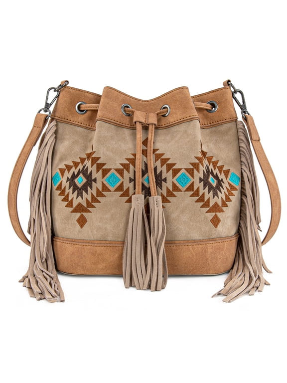 Aztec Bucket Bags for Women Western Fringe Crossbody Bag Vintage Drawstring, Tan