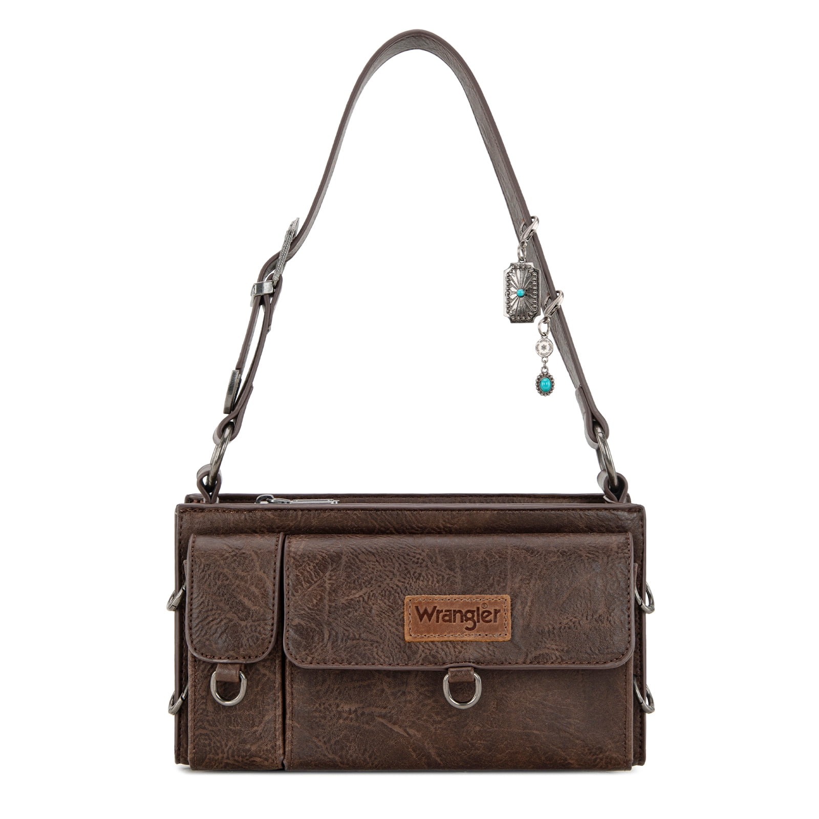 Wrangler Y2K Purse Small Shoulder Bag for Women Stylish Western Design with Detachable Charms Multiple Pockets, Coffee