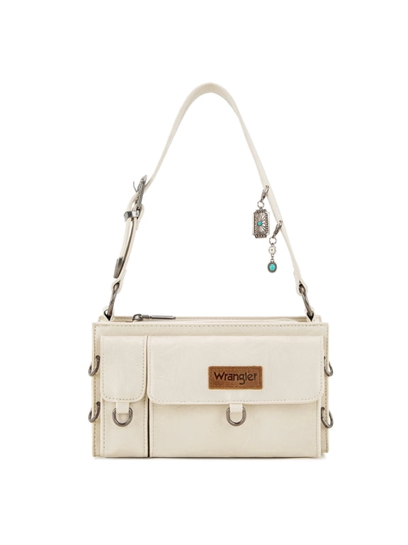 Wrangler Y2K Purse Small Shoulder Bag for Women Stylish Western Design with Detachable Charms Multiple Pockets, Creamy