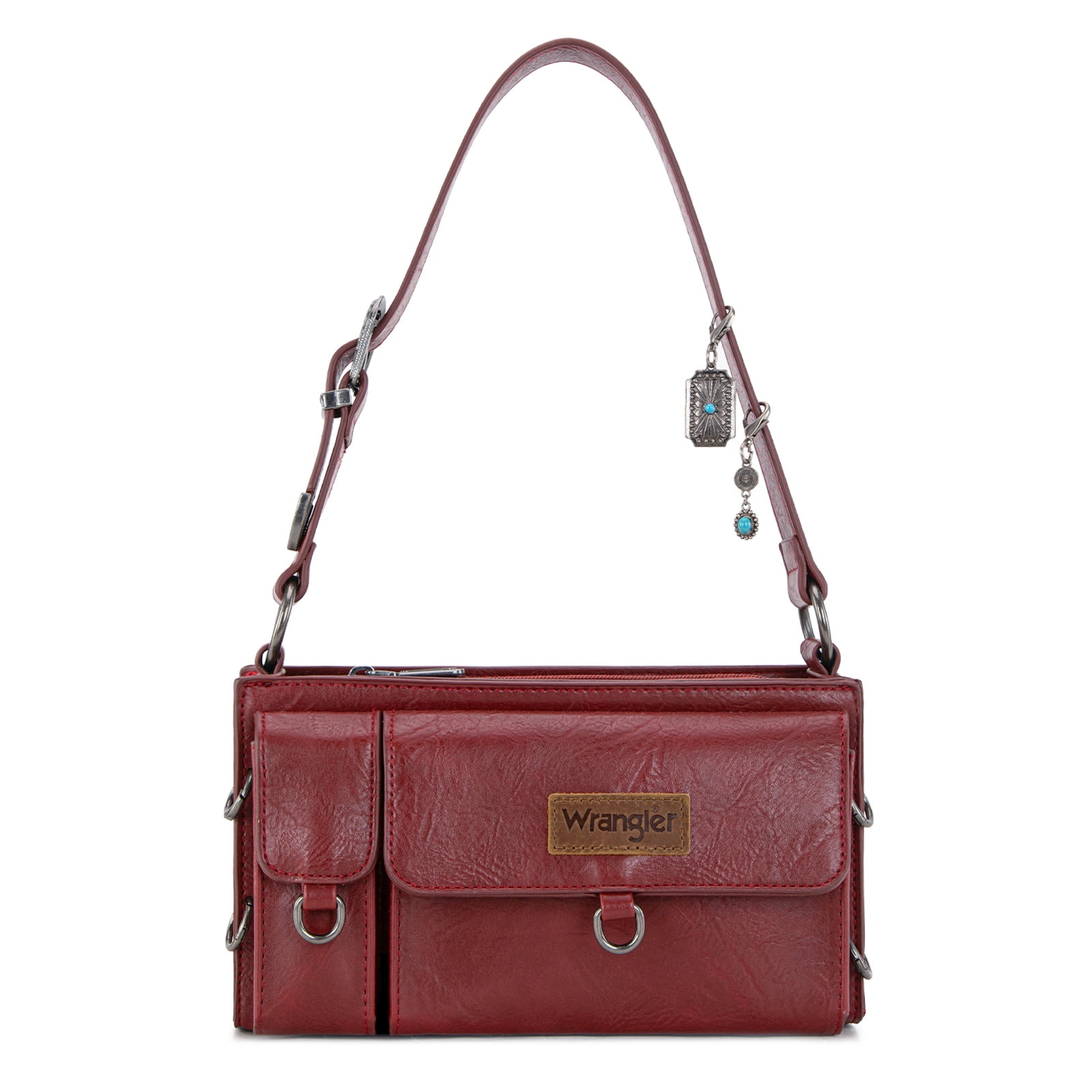 Wrangler Y2K Purse Small Shoulder Bag for Women Stylish Western Design with Detachable Charms Multiple Pockets, Burgundy
