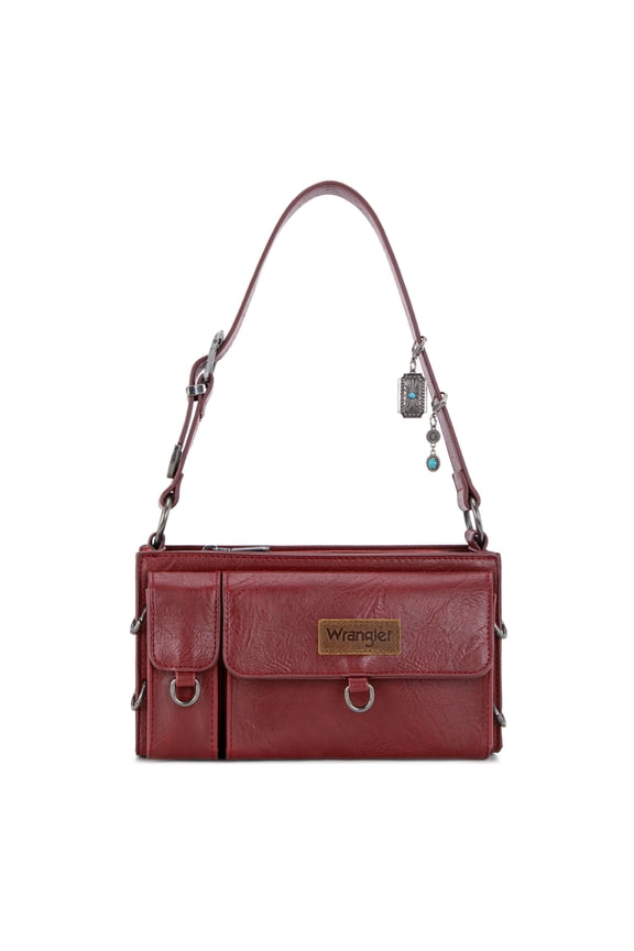 Wrangler Y2K Purse Small Shoulder Bag for Women Stylish Western Design with Detachable Charms Multiple Pockets, Burgundy