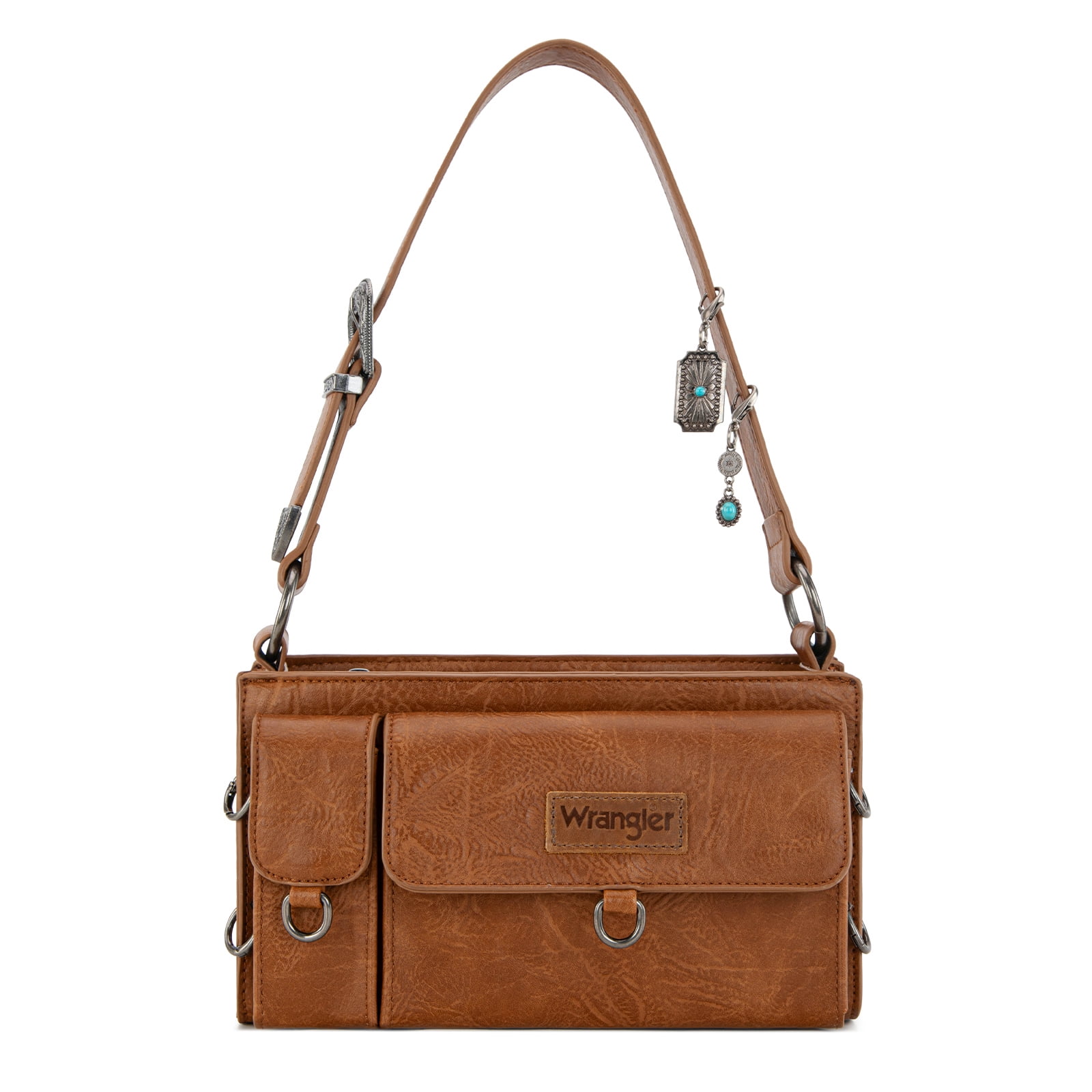 Wrangler Y2K Purse Small Shoulder Bag for Women Stylish Western Design with Detachable Charms Multiple Pockets, Brown