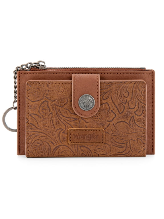Wrangler Small Wallets for Women Minimalist Card Cases & Money Organizers Compact Keychain Pocket Wallet with Smooth Metal Zipper, Brown