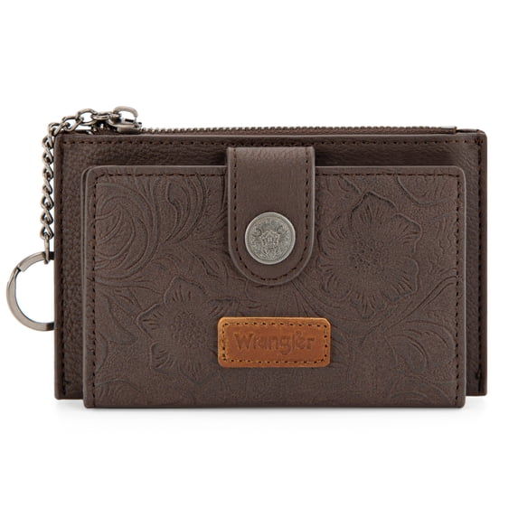 Wrangler Small Wallets for Women Minimalist Card Cases & Money Organizers Compact Keychain Pocket Wallet with Smooth Metal Zipper, Coffee