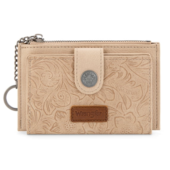 Wrangler Small Wallets for Women Minimalist Card Cases & Money Organizers Compact Keychain Pocket Wallet with Smooth Metal Zipper, Tan
