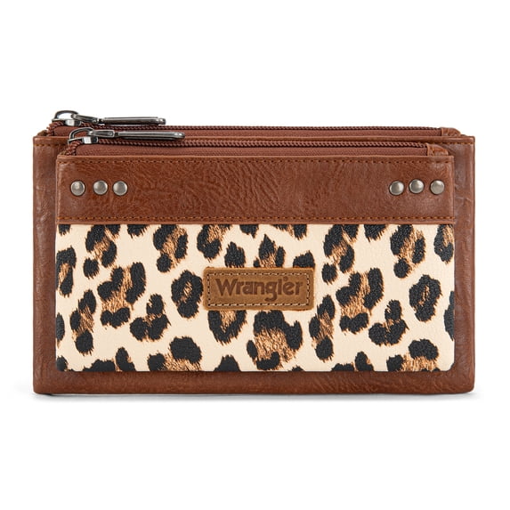 Wrangler Women's Large Minimalist Phone Wallet Stylish Double Zipper Cash Wallet with RFID Protection for Ladies, Leopard