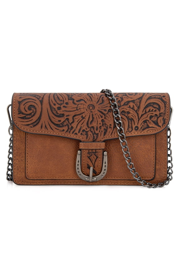 Women Small Crossbody Clutch Western Chain Strap Handbag, Brown