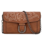 Montana West Women Big Wallet Western Chain Strap Crossbody Purse, Stitch-Brown