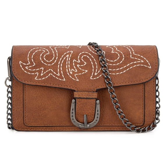 Montana West Women Big Wallet Western Chain Strap Crossbody Purse, Stitch-Brown