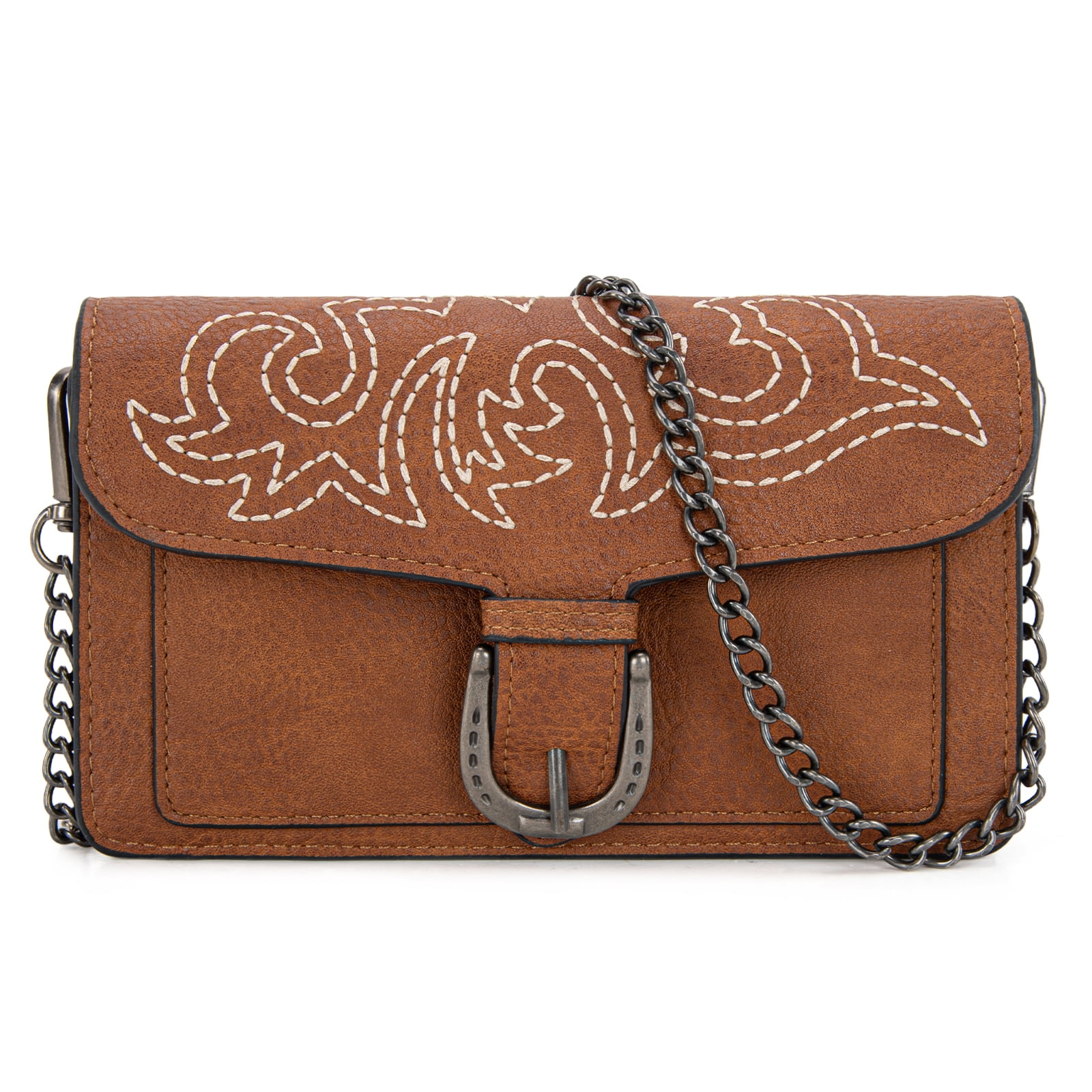 Montana West Women's Small Crossbody Purse Stylish Western Designer Clutch with Chain Strap Versatile Handbag, Stitch-Brown