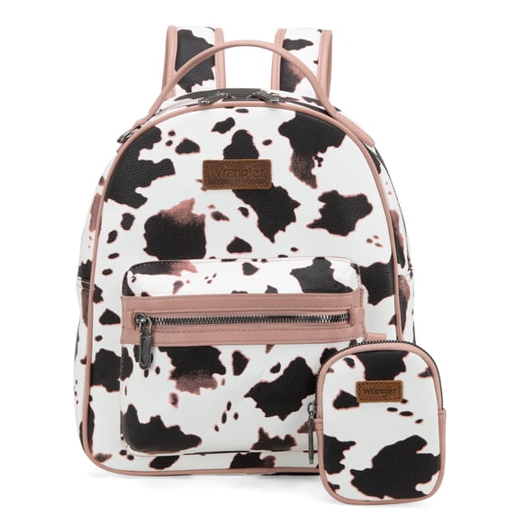 Wrangler Mini Backpack Cute Cow Print Backpack Purse for Women, Allover Cow Print Pink