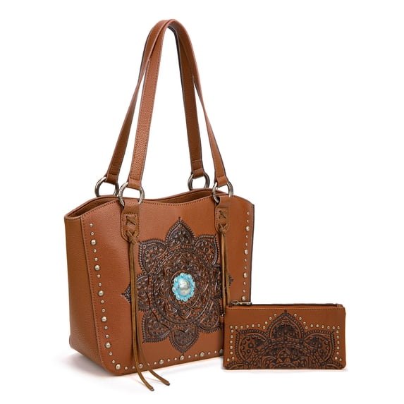 Montana West Vintage Western Tooling Tote Bag & Wallet Set for Women | Studded Top Handle Shoulder Handbag, Brown