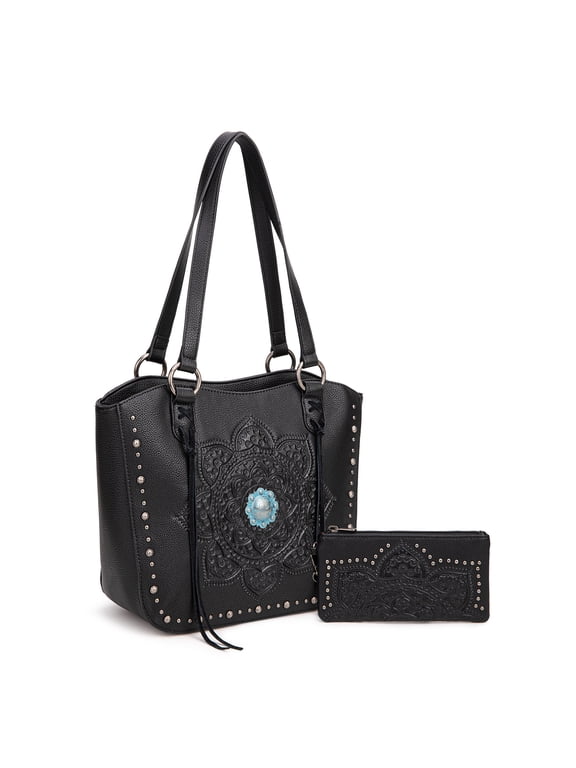 Vintage Western Tooling Tote Bag & Wallet Set for Women | Studded Top Handle Shoulder Handbag, Black