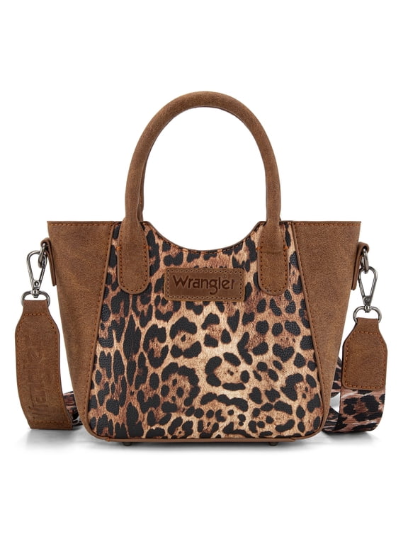 Wrangler Cute Animal Print Purse for Women Mini Fun Size Tote with Crossbody Strap Stylish and Versatile Animal Print Purse, Brown