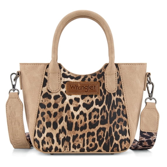 Wrangler Cute Animal Print Purse for Women Mini Fun Size Tote with Crossbody Strap Stylish and Versatile Animal Print Purse, Tan