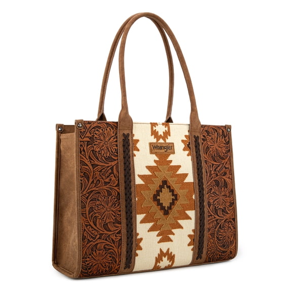 Wrangler Aztec Tote Bag for Women Western Shoulder Purse Top Handle Handbag Stylish and Functional Aztec Design， Brown