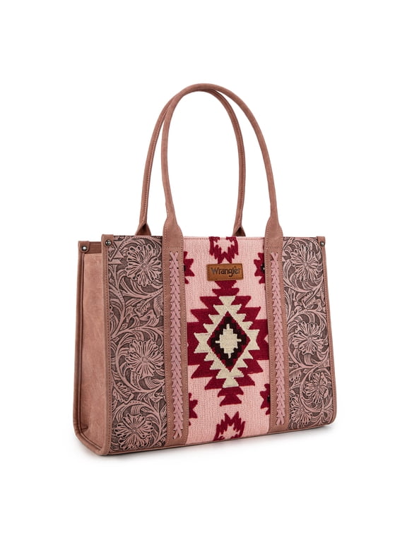 Wrangler Aztec Tote Bag for Women Western Shoulder Purse Top Handle Handbag Stylish and Functional Aztec Design, Dark Pink