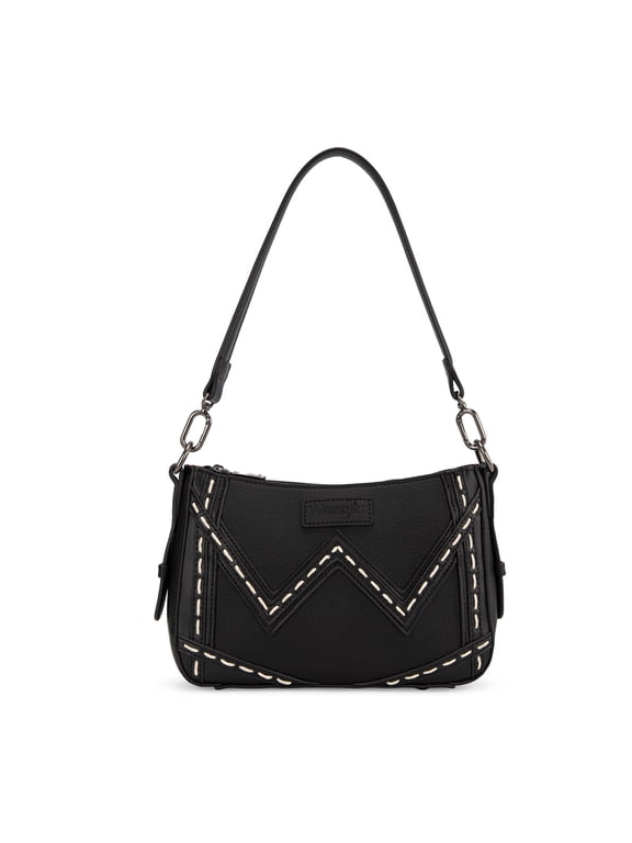 Wrangler Shoulder Bag for Women Denim Canvas Small Hobo Purse with Stitched Detail & Back Zipper Pocket, Black