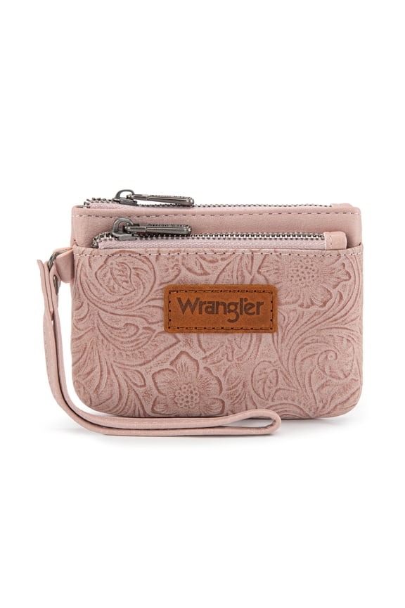 Wrangler Wallet for Women RFID-Blocking Floral Embossed Coin Purse Lightweight Wristlet Wallets, Dark Pink