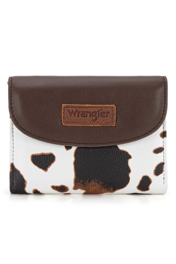 Wrangler Women RFID Blocking Trifold Wallet Cow Leopard Print Card Cash Purse, COW-Brown