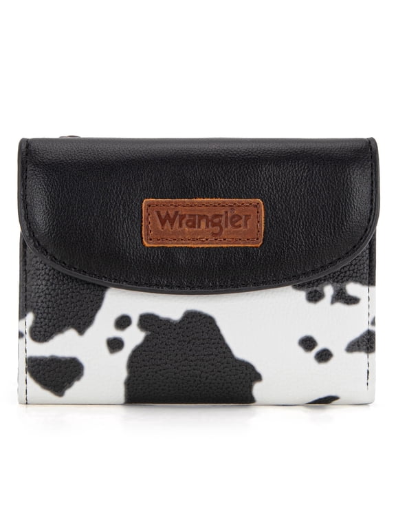 Wrangler Women RFID Blocking Trifold Wallet Cow Leopard Print Card Cash Purse, COW-Black
