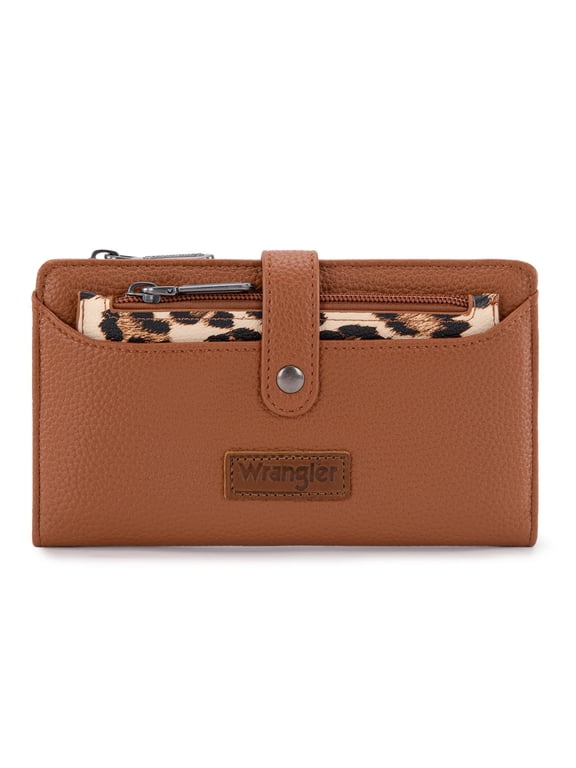 Wrangler Wallet for Women Leopard Print RFID Wallets Bifold Ladies Clutch Wallet, Brown