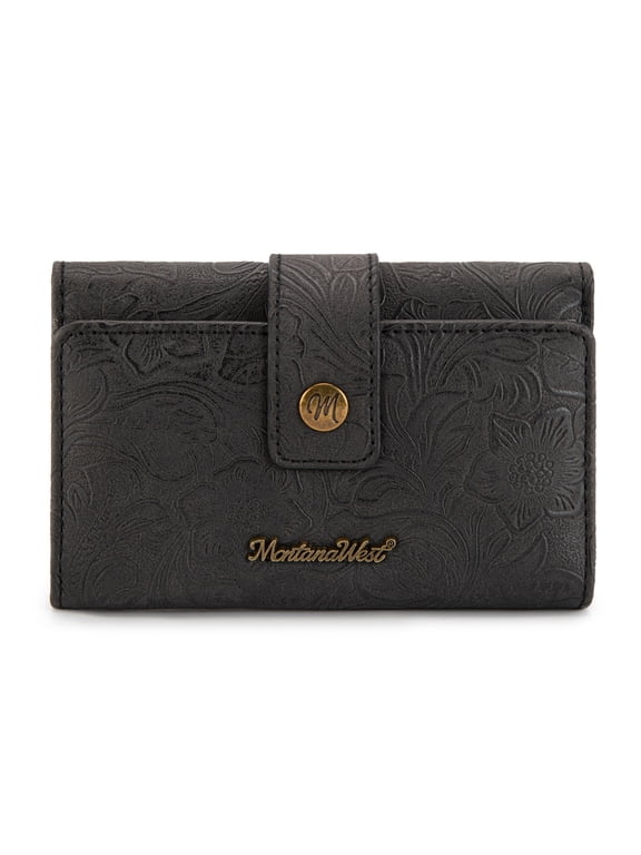 Women's Wallets RFID Embossed Floral Trifold Wallet, Black