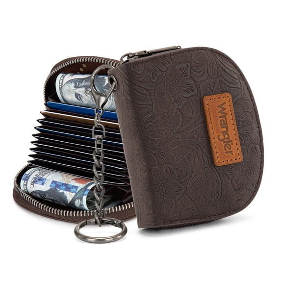 Wrangler Small Keychain Wallet for Women RFID Blocking Card Holder Floral Coin Purse, Coffee