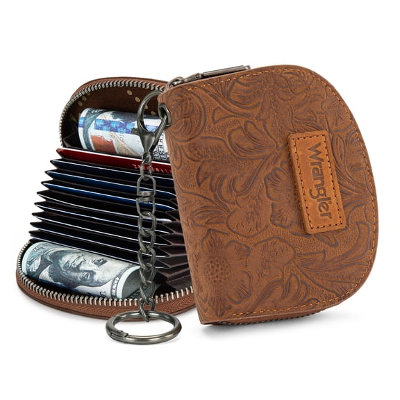 Wrangler Small Keychain Wallet for Women RFID Blocking Card Holder Floral Coin Purse, Brown