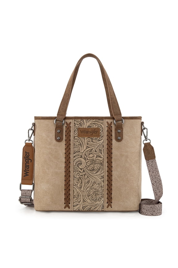 Wrangler Weatern Tote Bag for Women Medium Sized Aztec Handbags with Crossbody Strap, Tooled-Beige