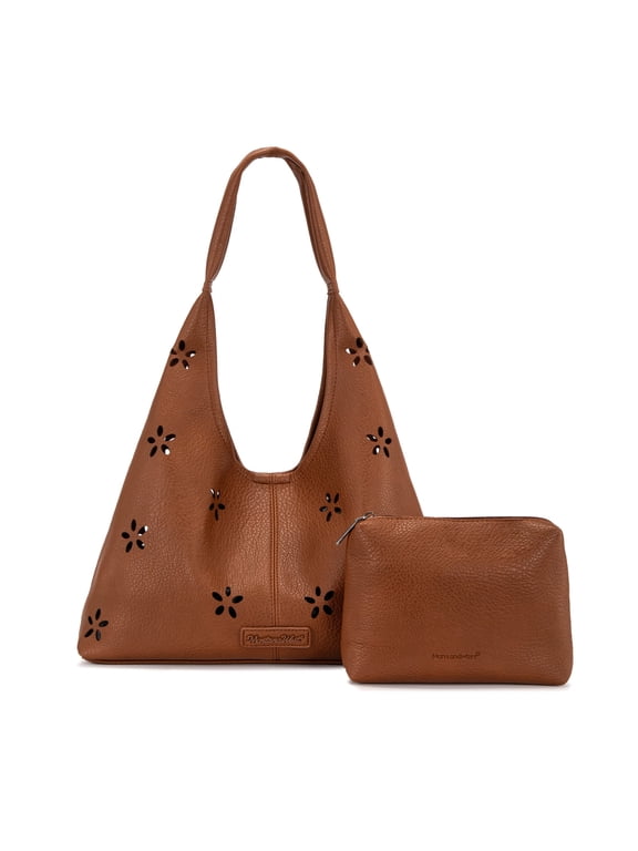 Hobo Bag Purses for Women Soft Slouchy Shoulder Handbags Tote with Pouch, Flower Cut-out Brown
