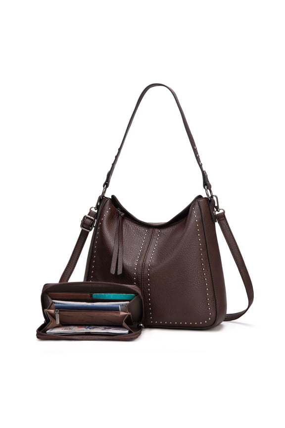 Purse and Wallet 2Pcs Set Hobo Crossbody Bag for Women Shoulder Handbags with Adjustable Strap, Coffee
